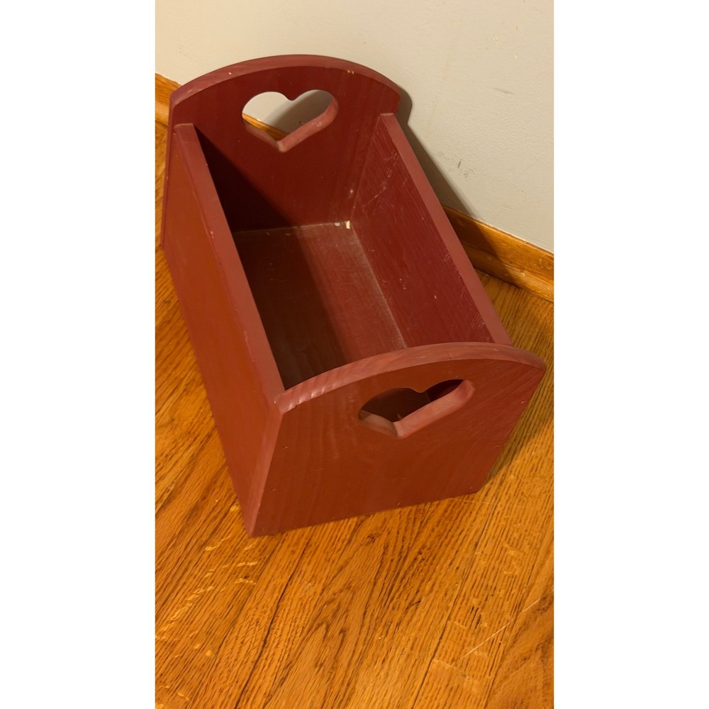 Vintage Red Wooden Crate Heart Cutout Handles Farmhouse Storage Bin Rustic Box